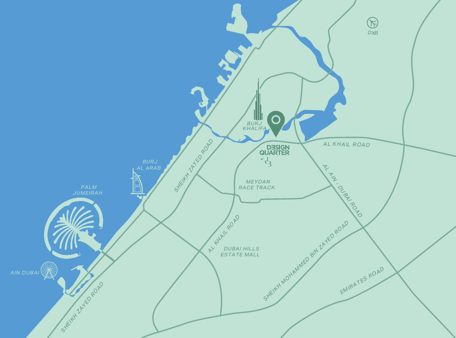 Design Quarter at d3 - Dubai Design District Location Map showing proximity to Downtown Dubai, Business Bay, DIFC, Dubai Mall - Click to view on Google Maps